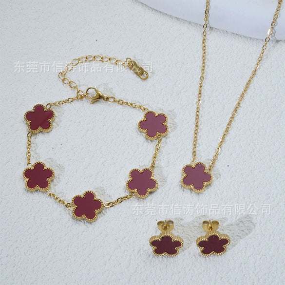 Wholesale Minimalist Plants And Flowers Style Titanium Steel 18K Electroplated Earrings Necklaces And Bracelets Set