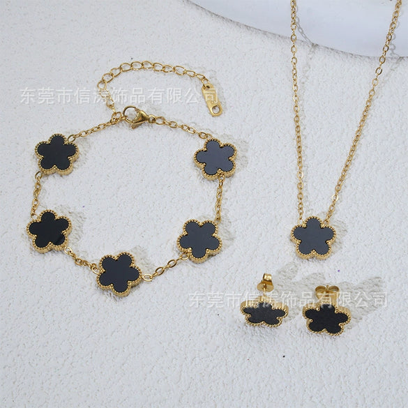 Wholesale Minimalist Plants And Flowers Style Titanium Steel 18K Electroplated Earrings Necklaces And Bracelets Set