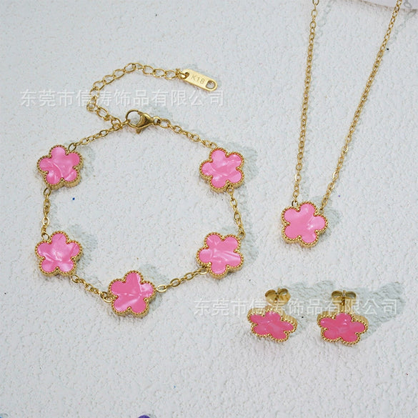 Wholesale Minimalist Plants And Flowers Style Titanium Steel 18K Electroplated Earrings Necklaces And Bracelets Set