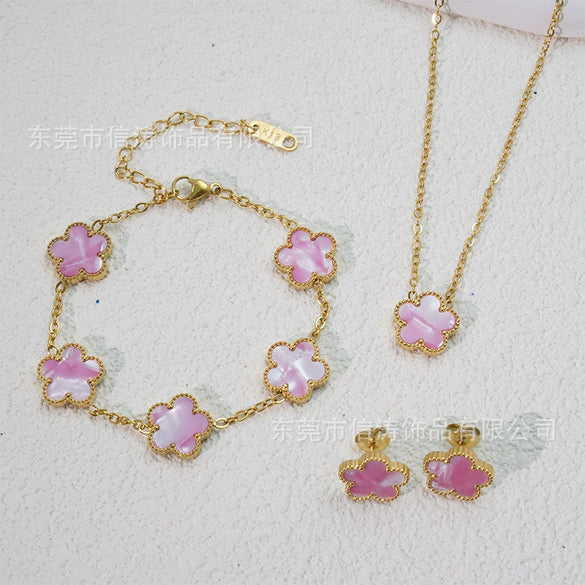Wholesale Minimalist Plants And Flowers Style Titanium Steel 18K Electroplated Earrings Necklaces And Bracelets Set