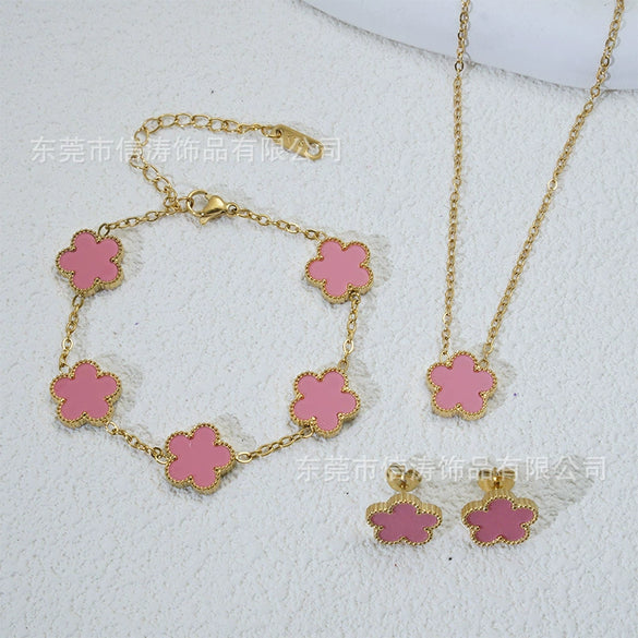 Wholesale Minimalist Plants And Flowers Style Titanium Steel 18K Electroplated Earrings Necklaces And Bracelets Set