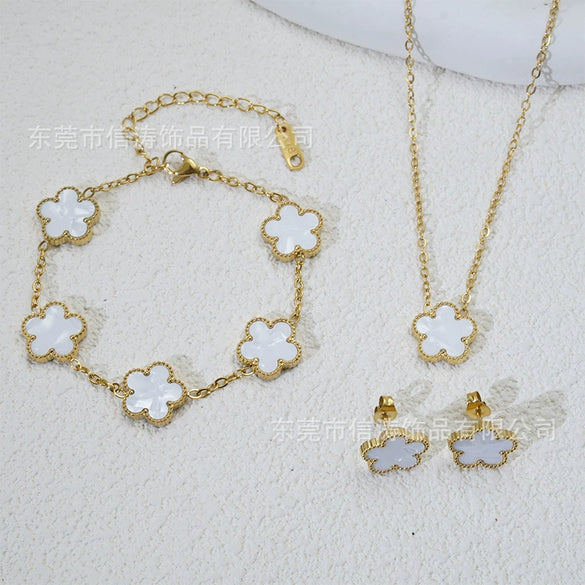 Wholesale Minimalist Plants And Flowers Style Titanium Steel 18K Electroplated Earrings Necklaces And Bracelets Set