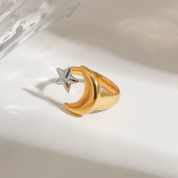 Wholesale Minimalist Stainless Steel Geometric Star Moon Adjustable Opening Jewelry With Electroplating