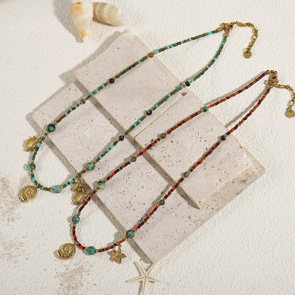 Wholesale Minimalist Star Shaped Pendant Clavicle Chain Necklace With Czech Beads Optimized Turquoise And Titanium Steel Electroplated