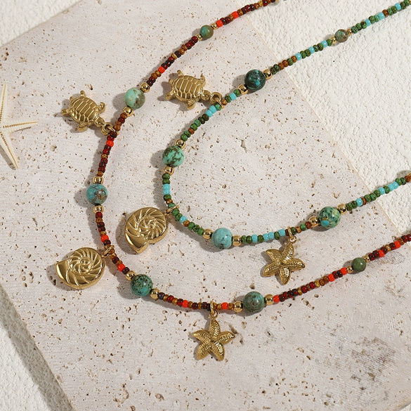 Wholesale Minimalist Star Shaped Pendant Clavicle Chain Necklace With Czech Beads Optimized Turquoise And Titanium Steel Electroplated