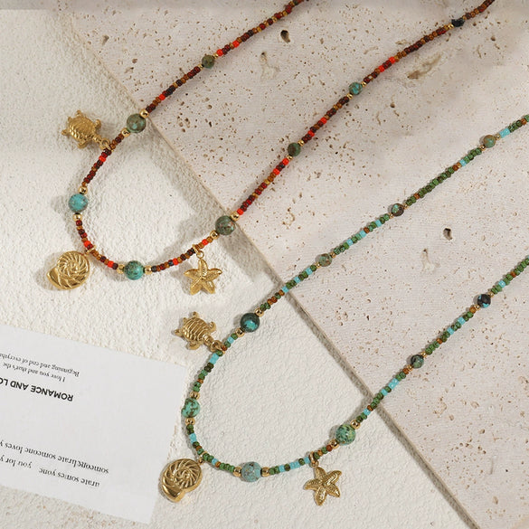 Wholesale Minimalist Star Shaped Pendant Clavicle Chain Necklace With Czech Beads Optimized Turquoise And Titanium Steel Electroplated