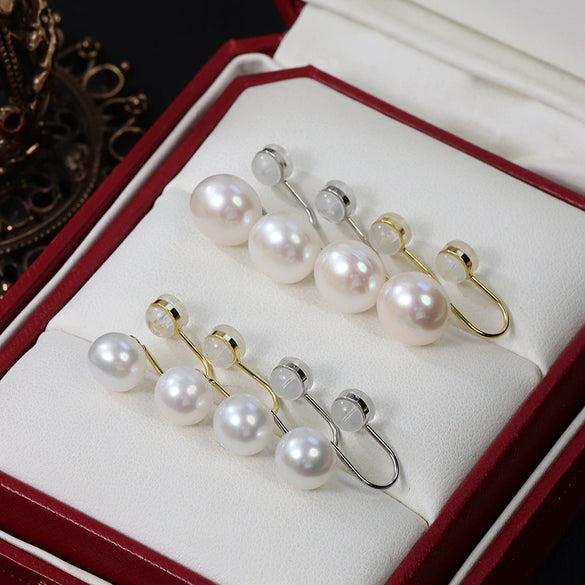Wholesale Minimalist Unisex Steamed Bun Round Natural Freshwater Pearl S925 Silver Painless Ear Clip With Silicone Ear Buckle