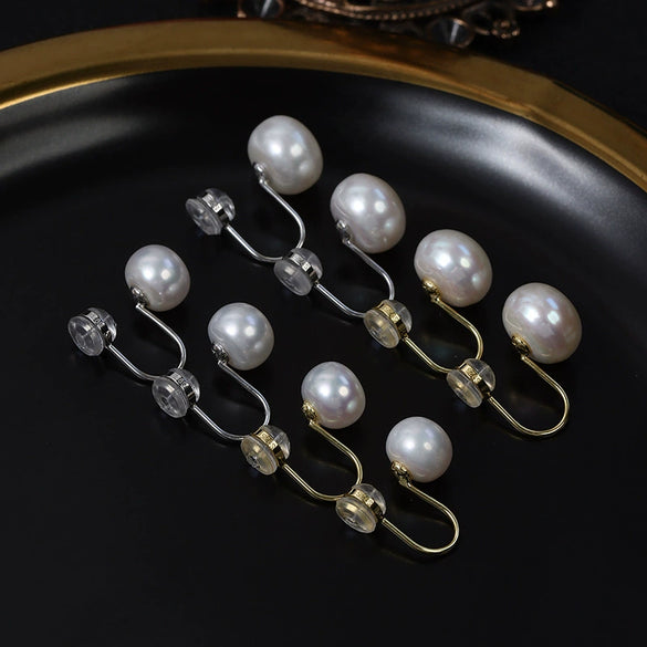 Wholesale Minimalist Unisex Steamed Bun Round Natural Freshwater Pearl S925 Silver Painless Ear Clip With Silicone Ear Buckle