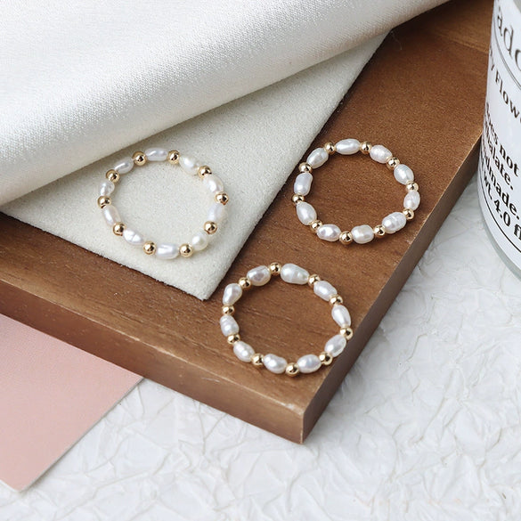 Wholesale Minimalist Women's Natural Freshwater Pearl Ring In 14K Gold With Rice And Water Drop Shapes