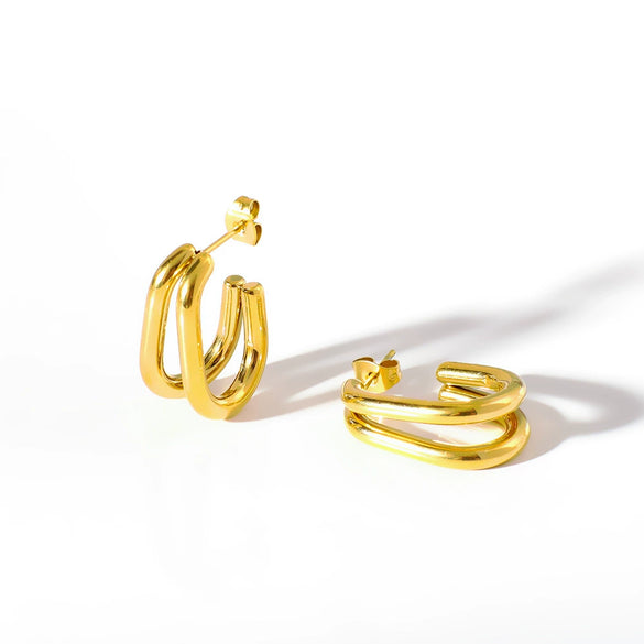Wholesale Minimalist Women's Stainless Steel 18K Gold Plated Linear Multilayer C Shaped Hollow Tube Geometric Earrings With Vacuum Plating In Furnace