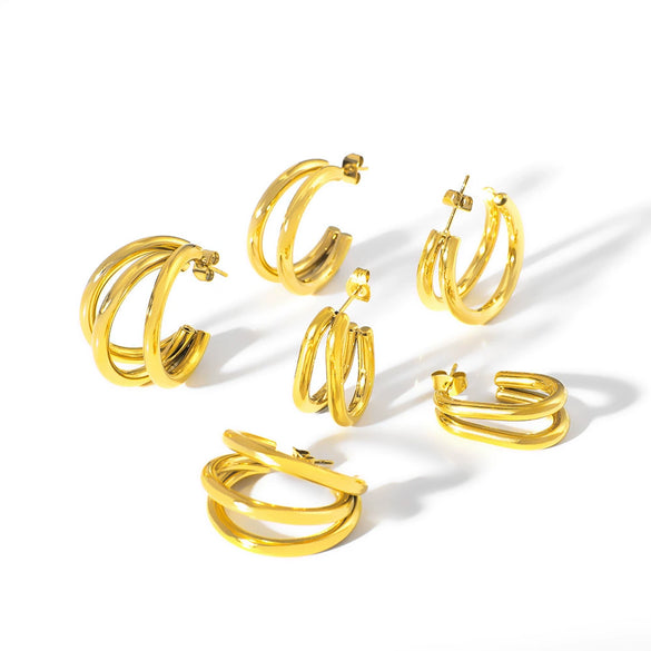Wholesale Minimalist Women's Stainless Steel 18K Gold Plated Linear Multilayer C Shaped Hollow Tube Geometric Earrings With Vacuum Plating In Furnace
