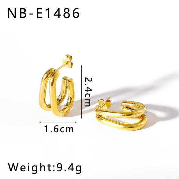 Wholesale Minimalist Women's Stainless Steel 18K Gold Plated Linear Multilayer C Shaped Hollow Tube Geometric Earrings With Vacuum Plating In Furnace