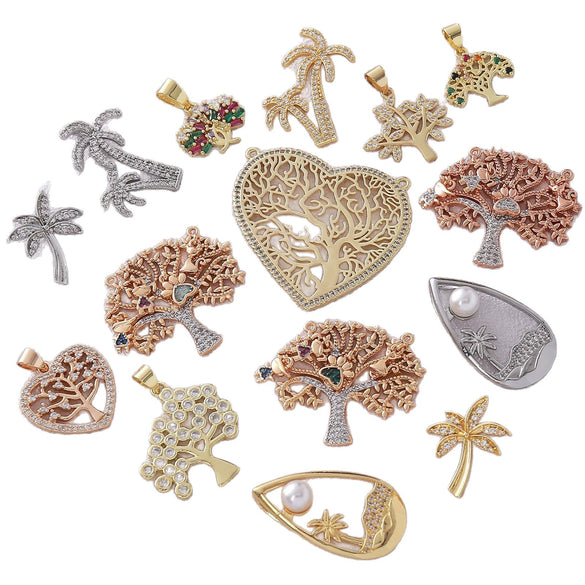 Wholesale Mixed Style Hollow Heart Tree Of Life Coconut Tree Series 18K Gold Plated Copper Pendant Diy Bracelet Necklace Accessories