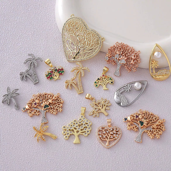 Wholesale Mixed Style Hollow Heart Tree Of Life Coconut Tree Series 18K Gold Plated Copper Pendant Diy Bracelet Necklace Accessories