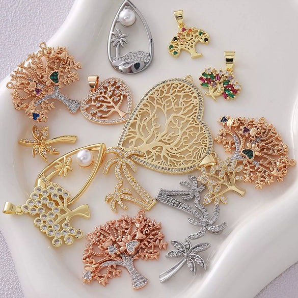 Wholesale Mixed Style Hollow Heart Tree Of Life Coconut Tree Series 18K Gold Plated Copper Pendant Diy Bracelet Necklace Accessories