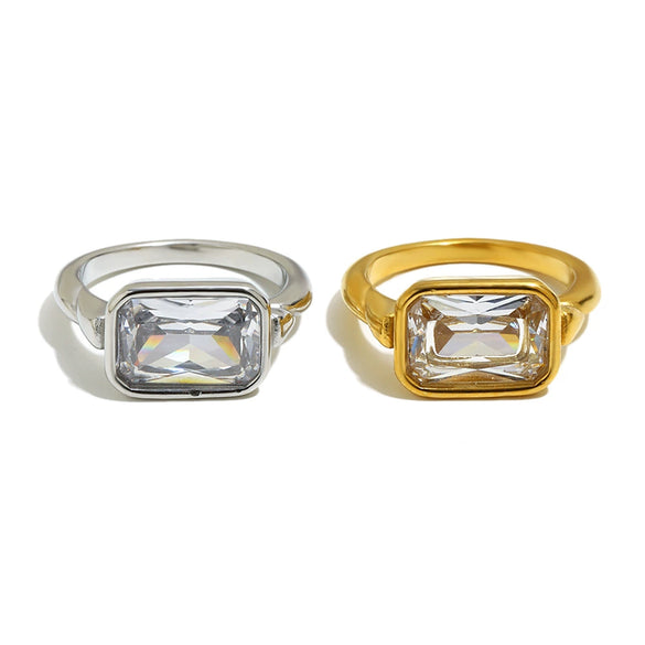 Wholesale Modern Minimalist Geometric Stainless Steel 18K Goldplated Rectangular Zirconia Cutcorner Ring For Women