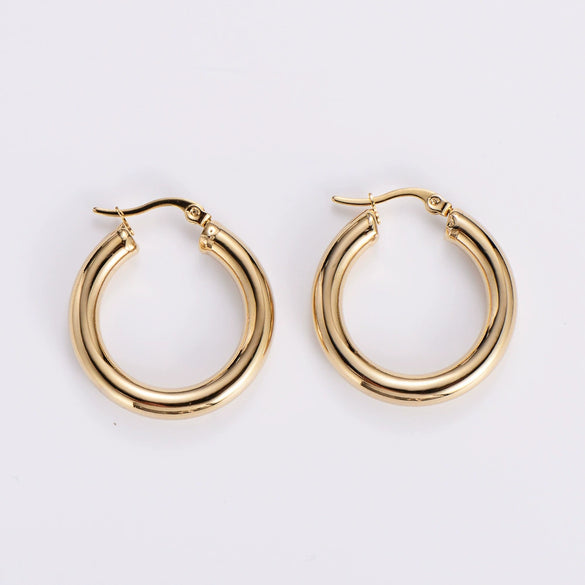 Wholesale Modern Style Exquisite Stainless Steel Polished 18K Gold Plated Thick Round Wire Hollow Large Hoop Earrings With Geometric Design
