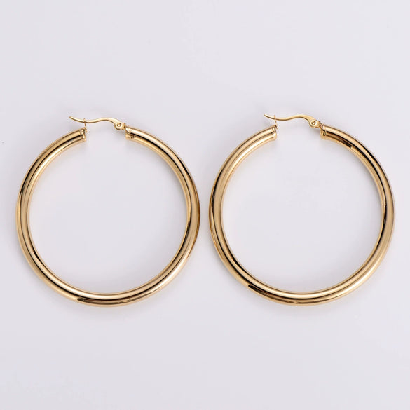 Wholesale Modern Style Exquisite Stainless Steel Polished 18K Gold Plated Thick Round Wire Hollow Large Hoop Earrings With Geometric Design