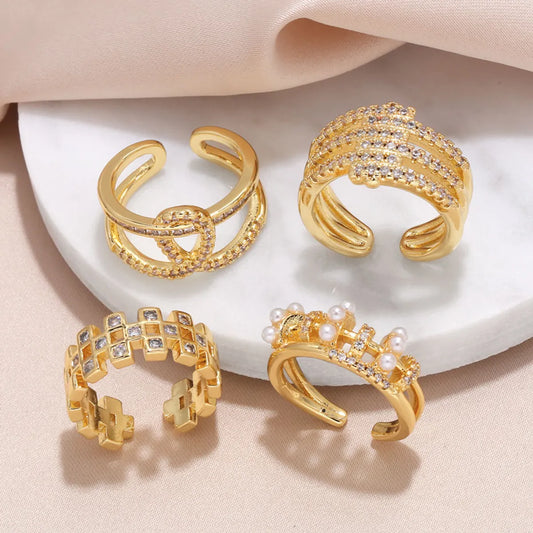 Wholesale Modern Style Simple Style Geometric Copper Plating Inlay 18K Gold Plated Artificial Pearls Zircon Rings