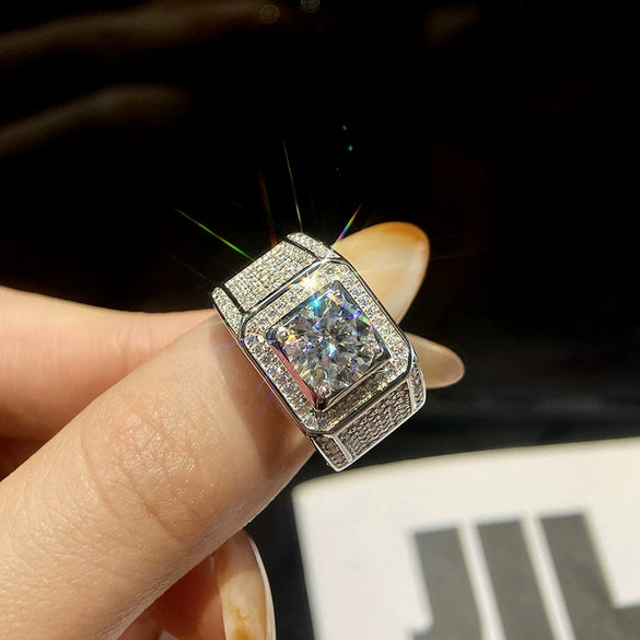 Wholesale Moissanite Men's Diamond Ring In Boyfriend Style Geometric Design Sterling Silver With Electroplating