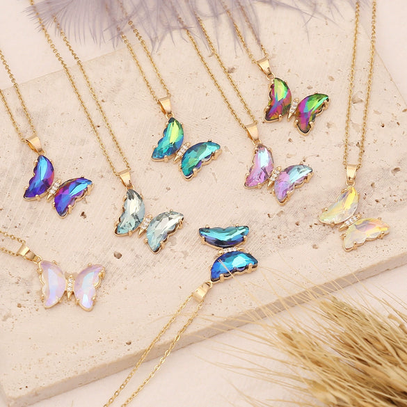Wholesale Multi Color Gradient Butterfly Pendant Stainless Steel And Copper Necklace With Electroplating Design