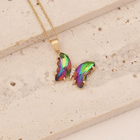 Wholesale Multi Color Gradient Butterfly Pendant Stainless Steel And Copper Necklace With Electroplating Design