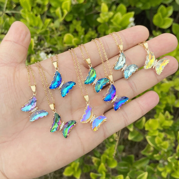 Wholesale Multi Color Gradient Butterfly Pendant Stainless Steel And Copper Necklace With Electroplating Design