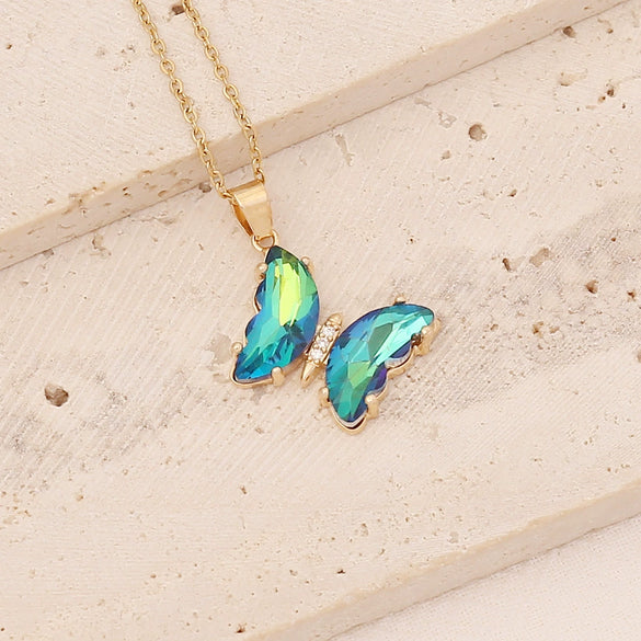 Wholesale Multi Color Gradient Butterfly Pendant Stainless Steel And Copper Necklace With Electroplating Design