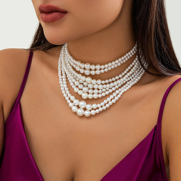 Wholesale Multi Layer Imitation Pearl Women's Necklace Geometric Baroque Style Ball Chain Jewelry Choker