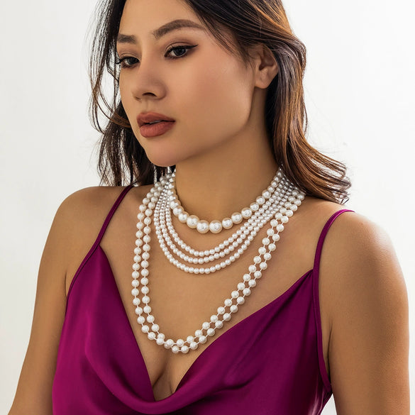 Wholesale Multi Layer Imitation Pearl Women's Necklace Geometric Baroque Style Ball Chain Jewelry Choker