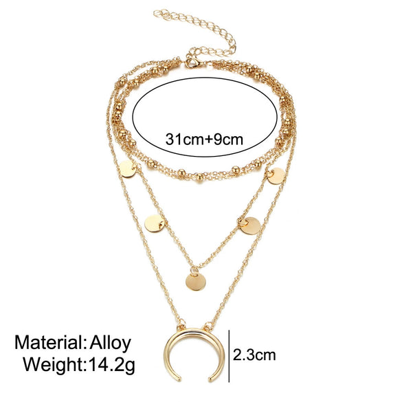 Wholesale Multi Layer Round Bead And Round Moon Pendant Necklace Choker With Water Wave Chain Alloy Material And Electroplating Treatment