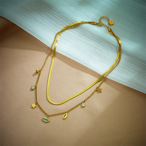 Wholesale Multi Layer Stacked Turquoise Eyes Star Rhinestone Pendant Necklace And Bracelet Suit Geometric Pattern Electroplated Unisex