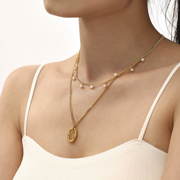 Wholesale Multi Layer Tassel Shell Bead Necklace In Light Luxury Elegant Style Stainless Steel Plated With Geometric Design