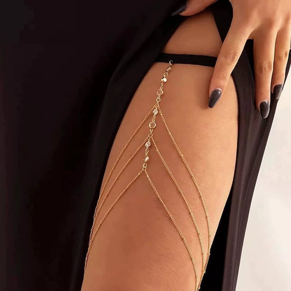 Wholesale Multichain Leg Chain Golden Sexy Thigh Chain Women's Diamond Multilayer Clip Bead Chain Body Chain Alloy Inlaid With Artificial Gemstones And Semi Precious Stones