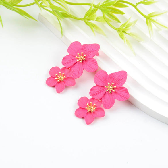 Wholesale Multicolor Double Flower Alloy Earrings With Baking Paint Design For Women Simple Sweet Fashion Trend