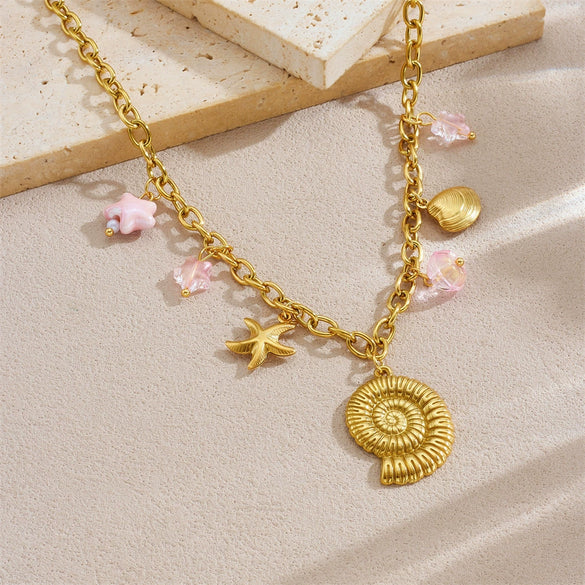 Wholesale Multielement Conch Starfish Shell Stainless Steel Goldplated Pendant Unisex Necklace