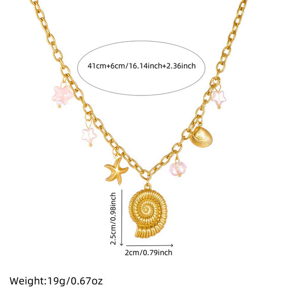Wholesale Multielement Conch Starfish Shell Stainless Steel Goldplated Pendant Unisex Necklace