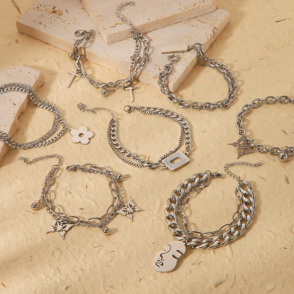 Wholesale Multilayer Chain Cuban Style Stainless Steel Bracelet With Butterfly Cross Pendant 18K Vacuum Plated For Women And Unisex