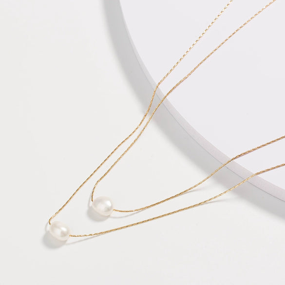 Wholesale Multilayer Ladies Natural Freshwater Pearl Card Neck Chain With Geometric Pattern Alloy 18K Gold Electroplated Bamboo Chain Necklace
