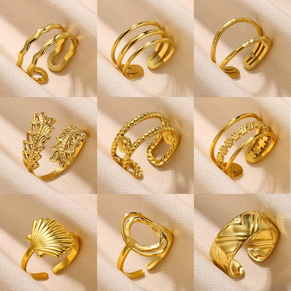 Wholesale Multilayer Line Open Geometric Ring Stainless Steel Gold Plated