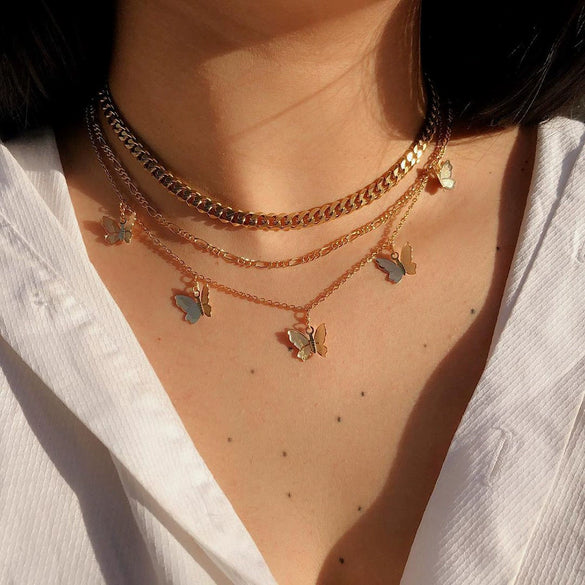Wholesale Multilayer Metal Butterfly Rough Chain Clavicle Necklace For Women Alloy Electroplated