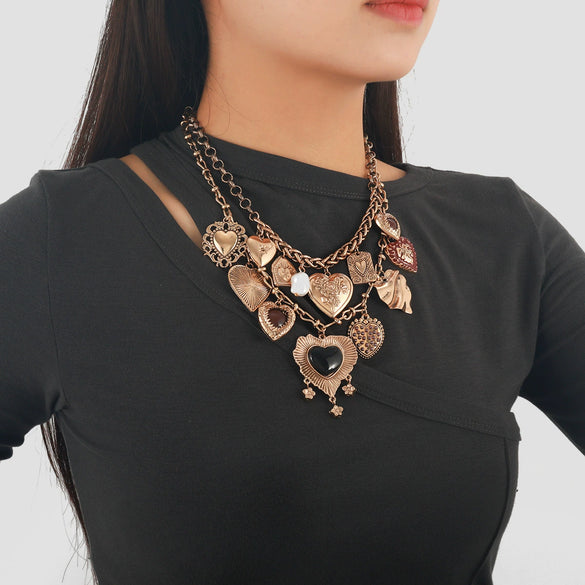 Wholesale Multilayer Metal Retro Heart Pendant Ladies Charm Necklace Alloy Electroplating