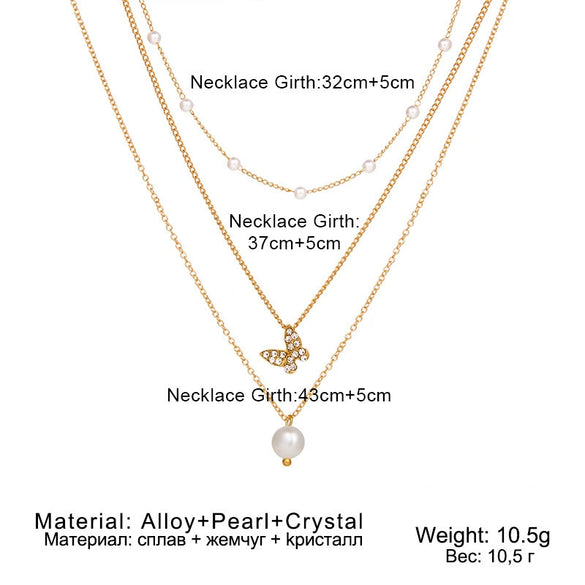 Wholesale Multilayer Pearl Diamond Butterfly Pendant Necklace For Ladies In Ins Style Alloy Material With Electroplating
