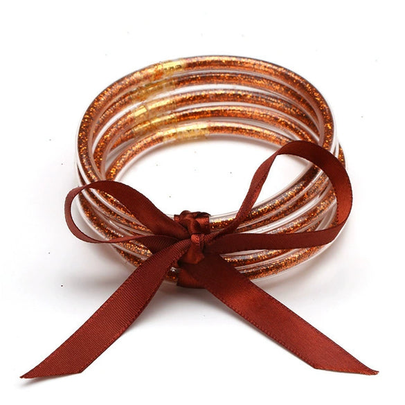 Wholesale Multilayer Silicone Gold Powder Ribbon Bracelet Suit With Bow And Geometric Pattern For Women