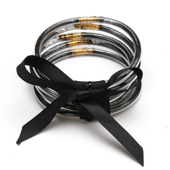 Wholesale Multilayer Silicone Gold Powder Ribbon Bracelet Suit With Bow And Geometric Pattern For Women