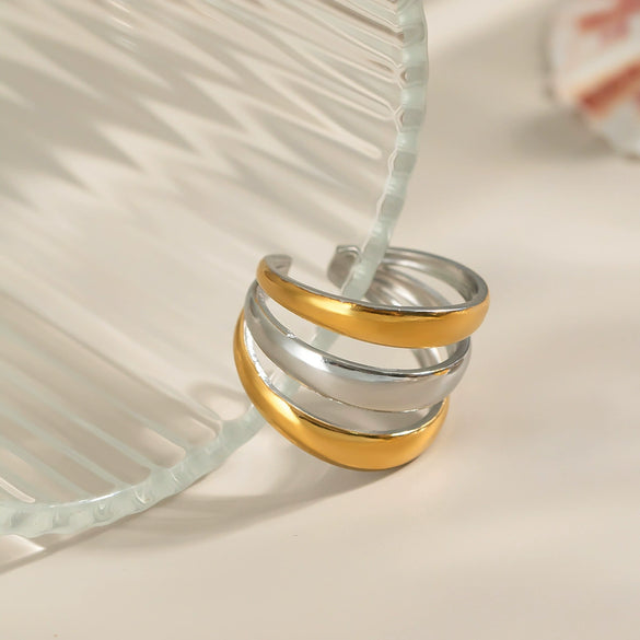 Wholesale Multilayered Rings With Simple Line Design Titanium Steel Geometric Shape Electroplated With Pvd Vacuum Real Gold Unisex Hand Accessories