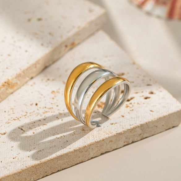 Wholesale Multilayered Rings With Simple Line Design Titanium Steel Geometric Shape Electroplated With Pvd Vacuum Real Gold Unisex Hand Accessories