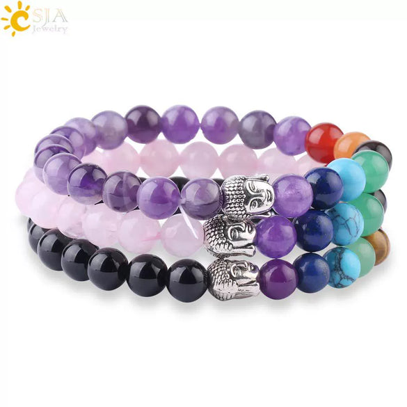 Wholesale Natural Amethyst Stone Beaded Bracelet With Buddha Head Multicolor Minimalist Unisex Jewelry