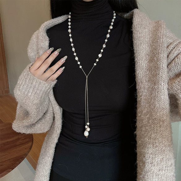Wholesale Natural Baroque Pearl Long Sweater Chain With Geometric Pattern For Women Retro Beaded Clavicle Chain Jewelry