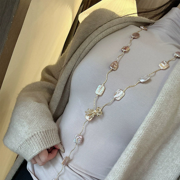 Wholesale Natural Baroque Pearl Long Sweater Chain With Geometric Pattern For Women Retro Beaded Clavicle Chain Jewelry